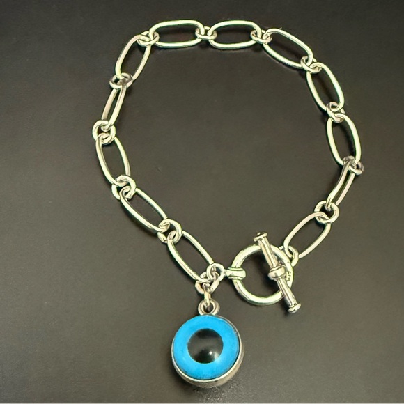 925 Sterling Silver Blue Evil Eye Charm Toggle Bracelet 11g. - Picture 1 of 15